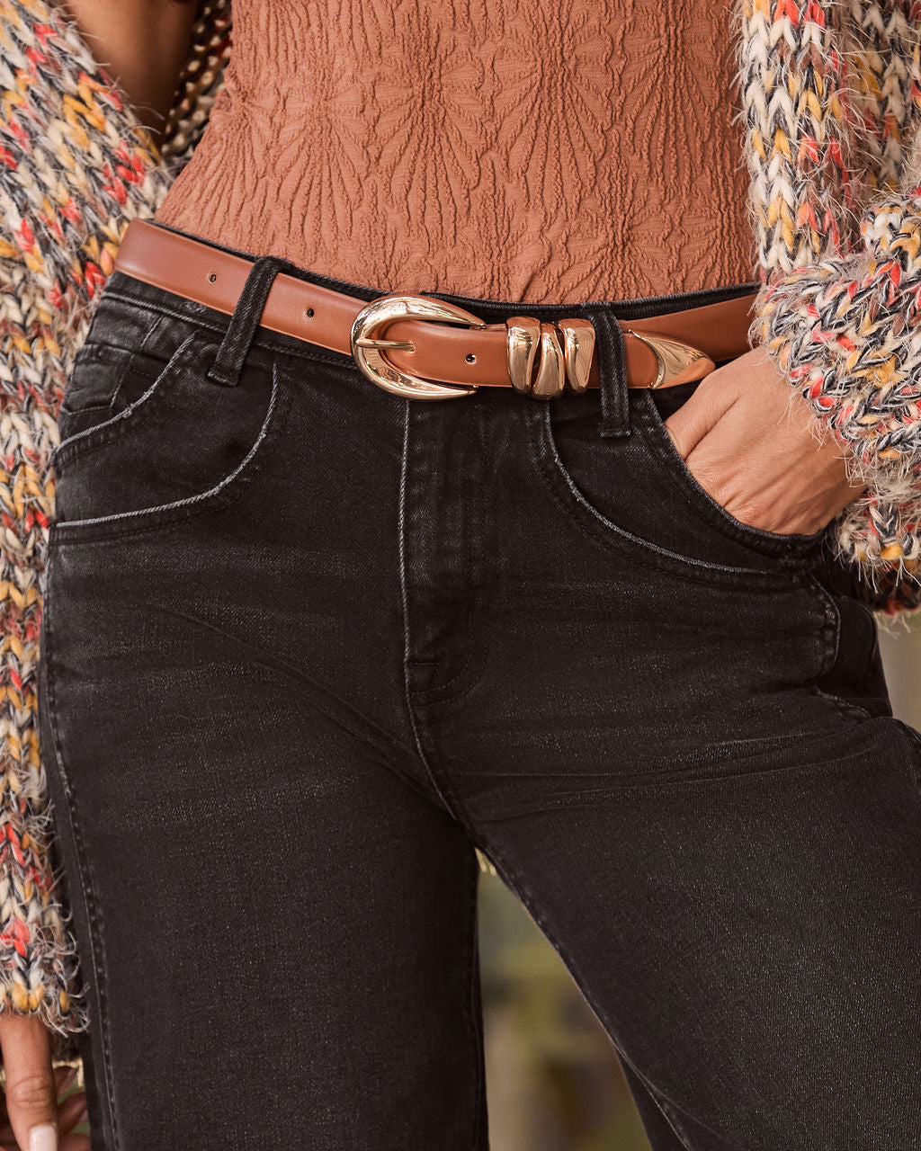 Burnt Umber Stacked Loop Leather Belt-Vogue Logic