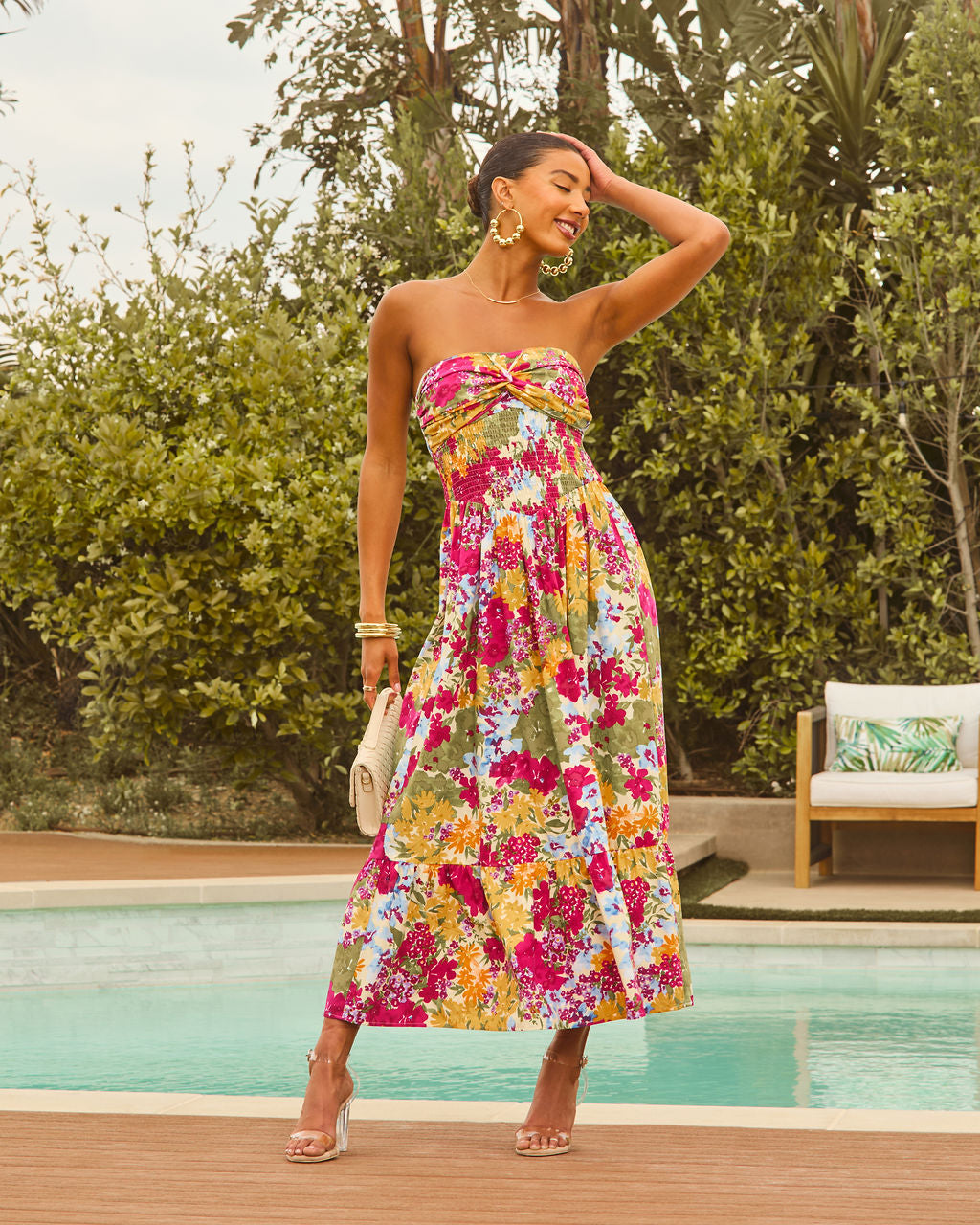 Lynelle Strapless Floral Smocked Midi Dress-Vogue Logic