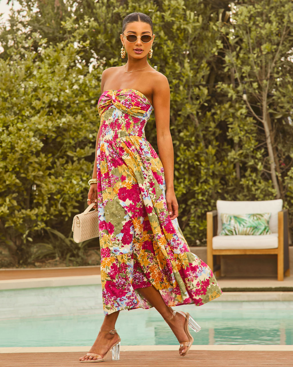 Lynelle Strapless Floral Smocked Midi Dress-Vogue Logic