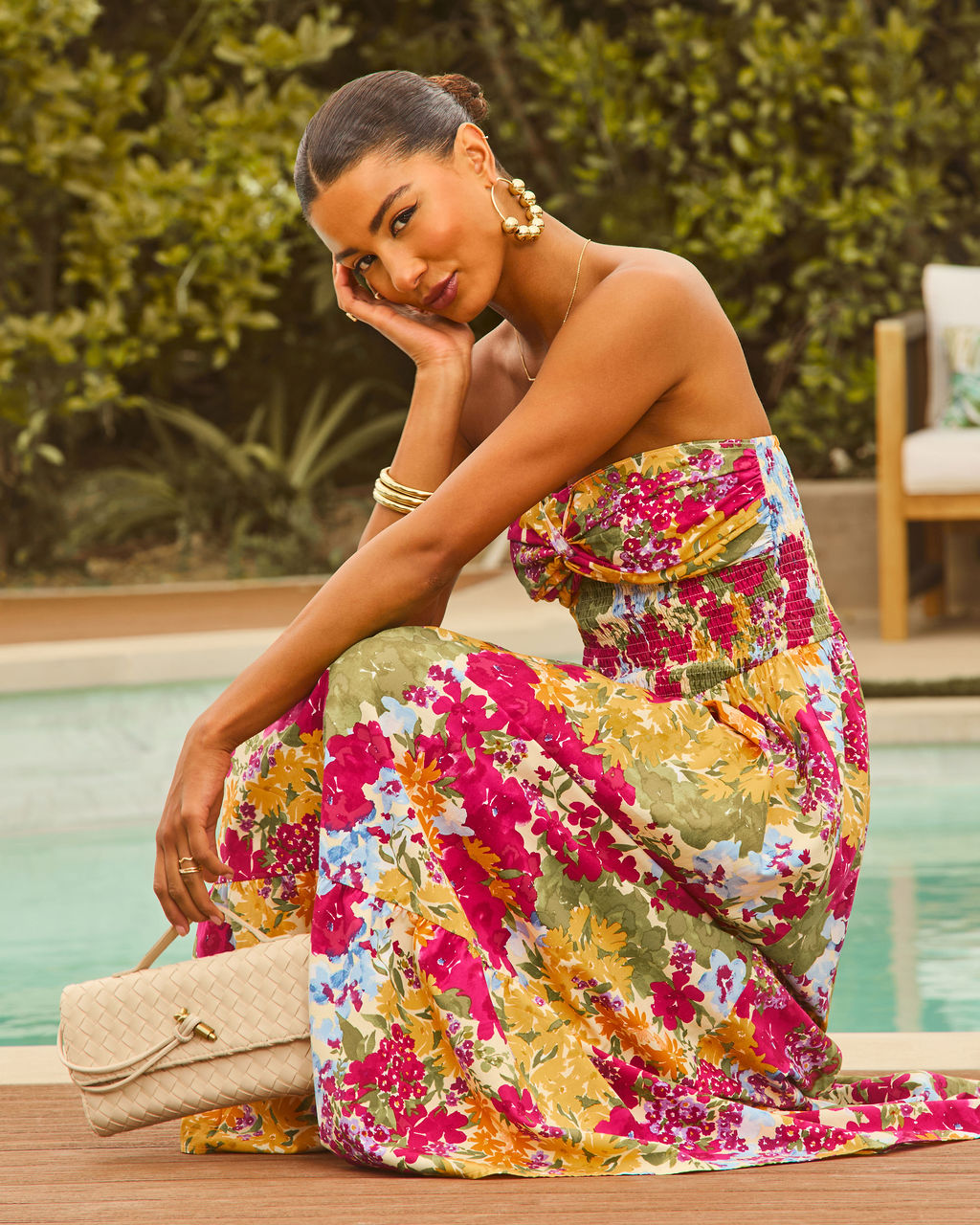 Lynelle Strapless Floral Smocked Midi Dress-Vogue Logic