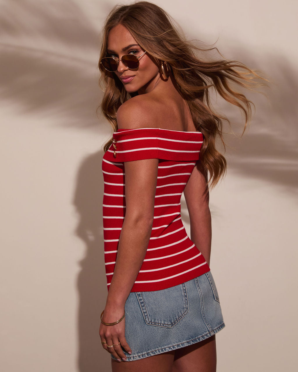 Strawberry Tide Striped Off The Shoulder Top-Vogue Logic