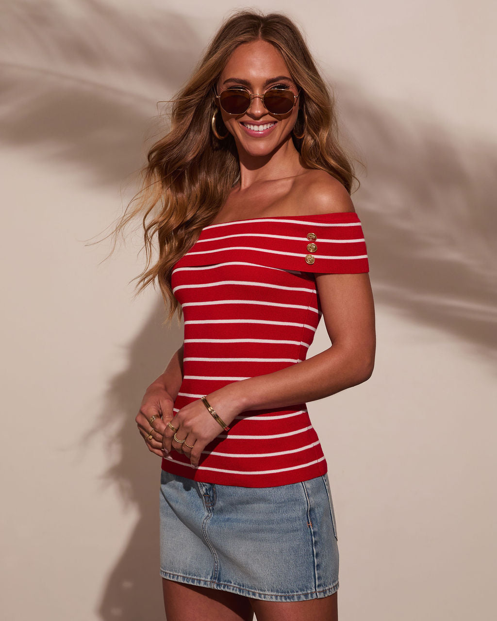 Strawberry Tide Striped Off The Shoulder Top-Vogue Logic