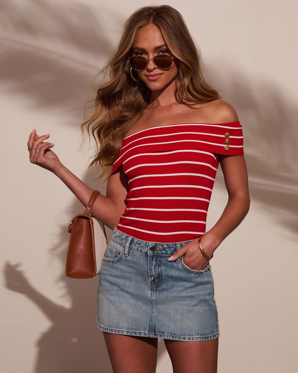 Strawberry Tide Striped Off The Shoulder Top-Vogue Logic