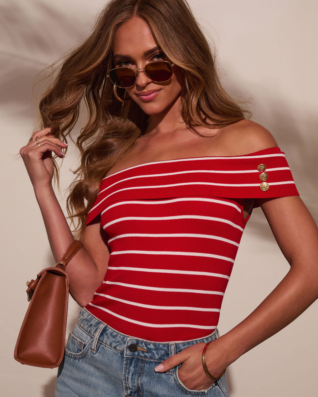 Strawberry Tide Striped Off The Shoulder Top-Vogue Logic