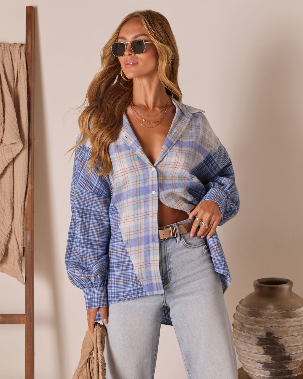 Axton Oversized Plaid Button Down Top-Vogue Logic