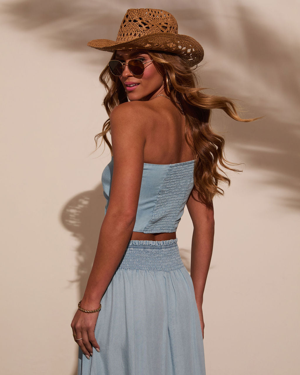 Briena Chambray One Shoulder Crop Top-Vogue Logic
