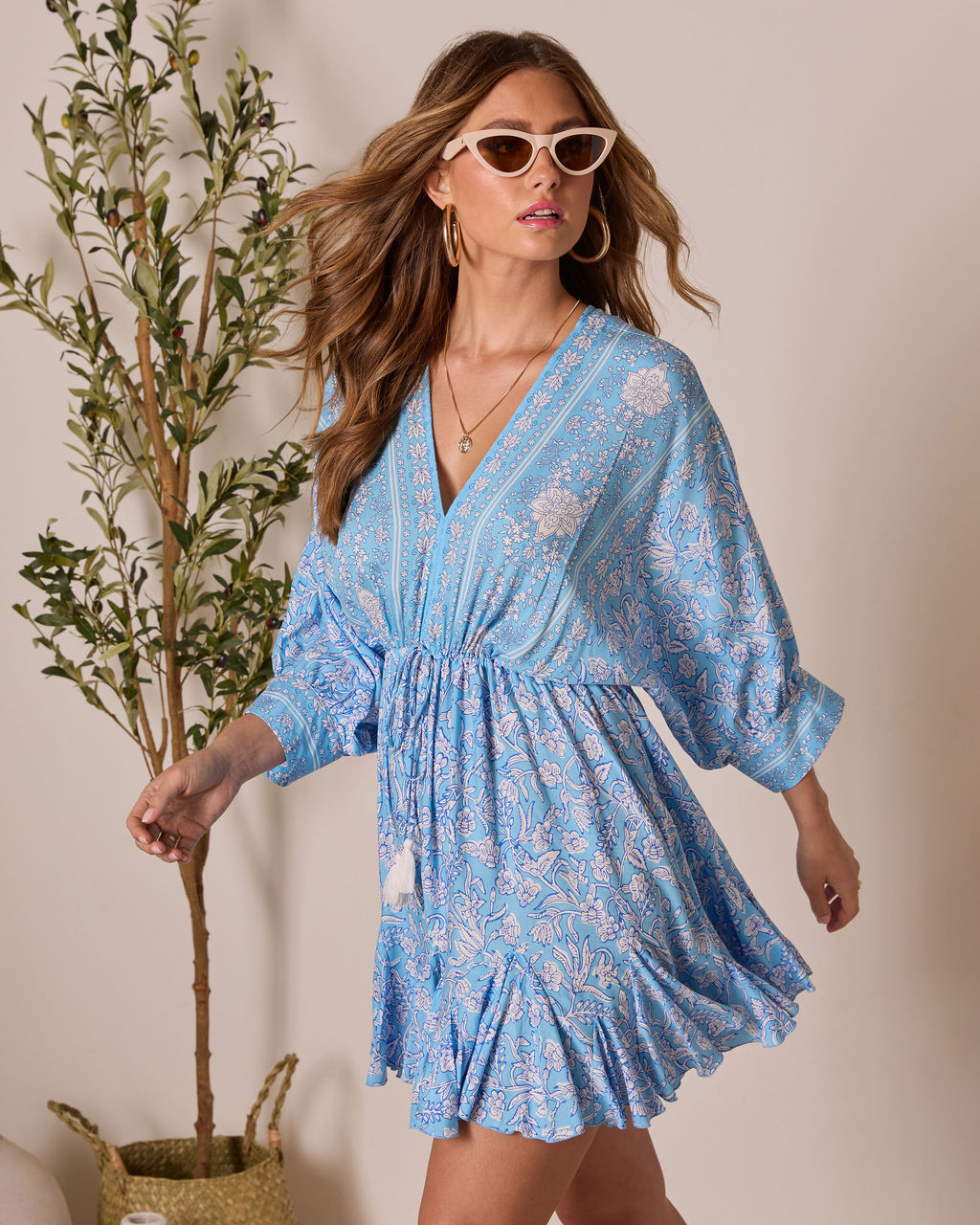 Athena Floral Tassel Tie Mini Dress-Vogue Logic