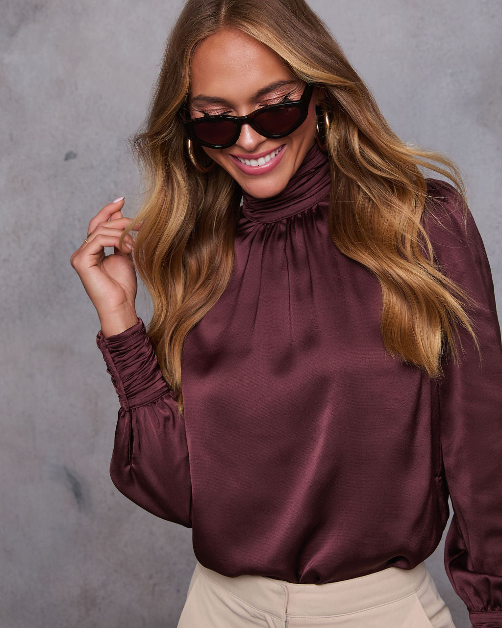 Stevie Mock Neck Satin Blouse-Vogue Logic