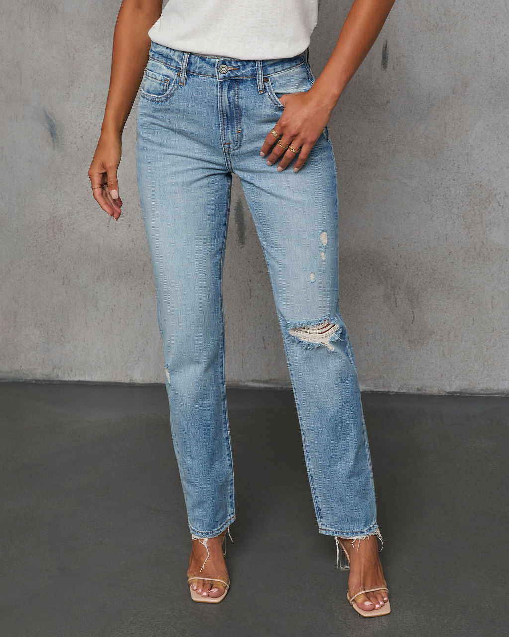 Grazie Rigid Cropped High Rise Distressed Jeans-Vogue Logic