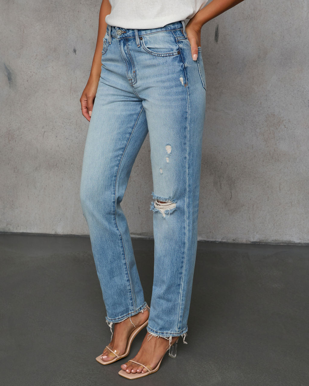 Grazie Rigid Cropped High Rise Distressed Jeans-Vogue Logic