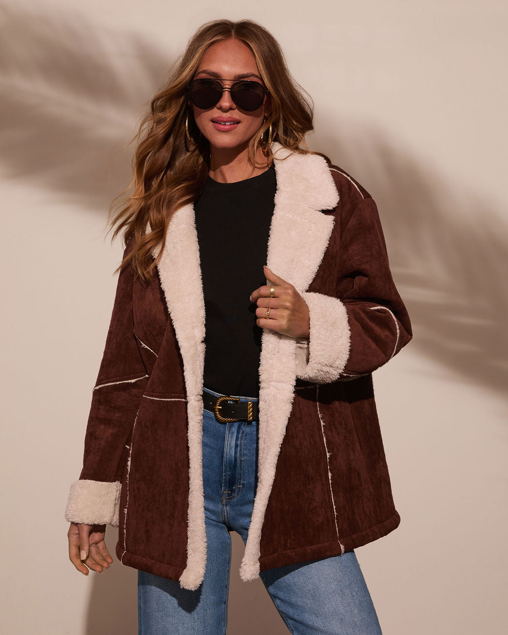Genevieve Contrast Suede Shearling Coat-Vogue Logic