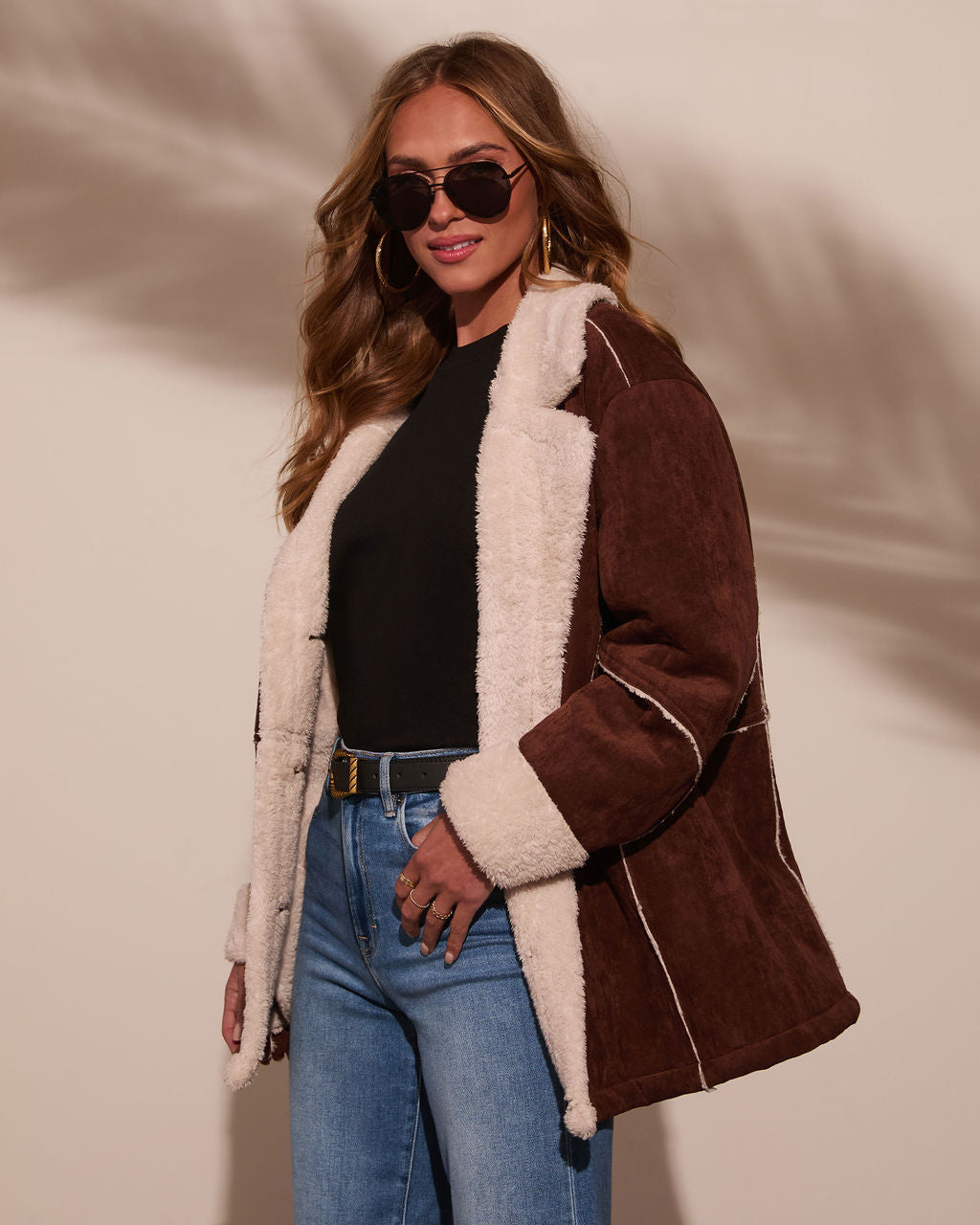 Genevieve Contrast Suede Shearling Coat-Vogue Logic