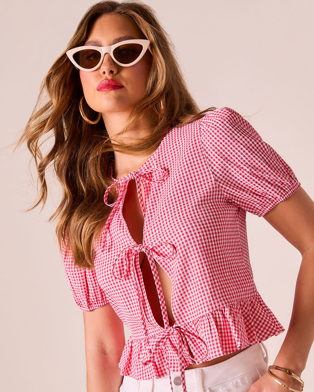Nightingale Gingham Front Tie Top-Vogue Logic