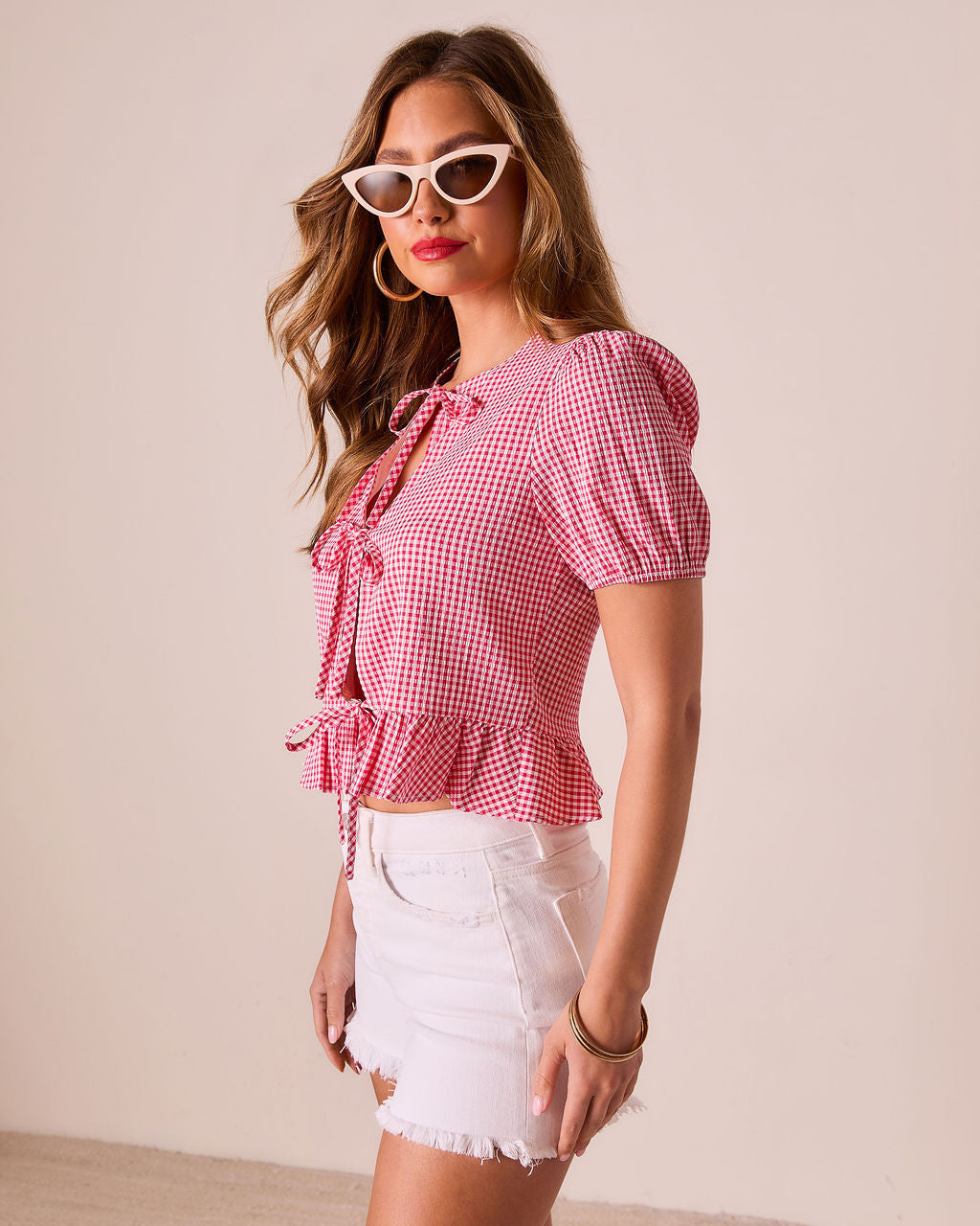 Nightingale Gingham Front Tie Top-Vogue Logic