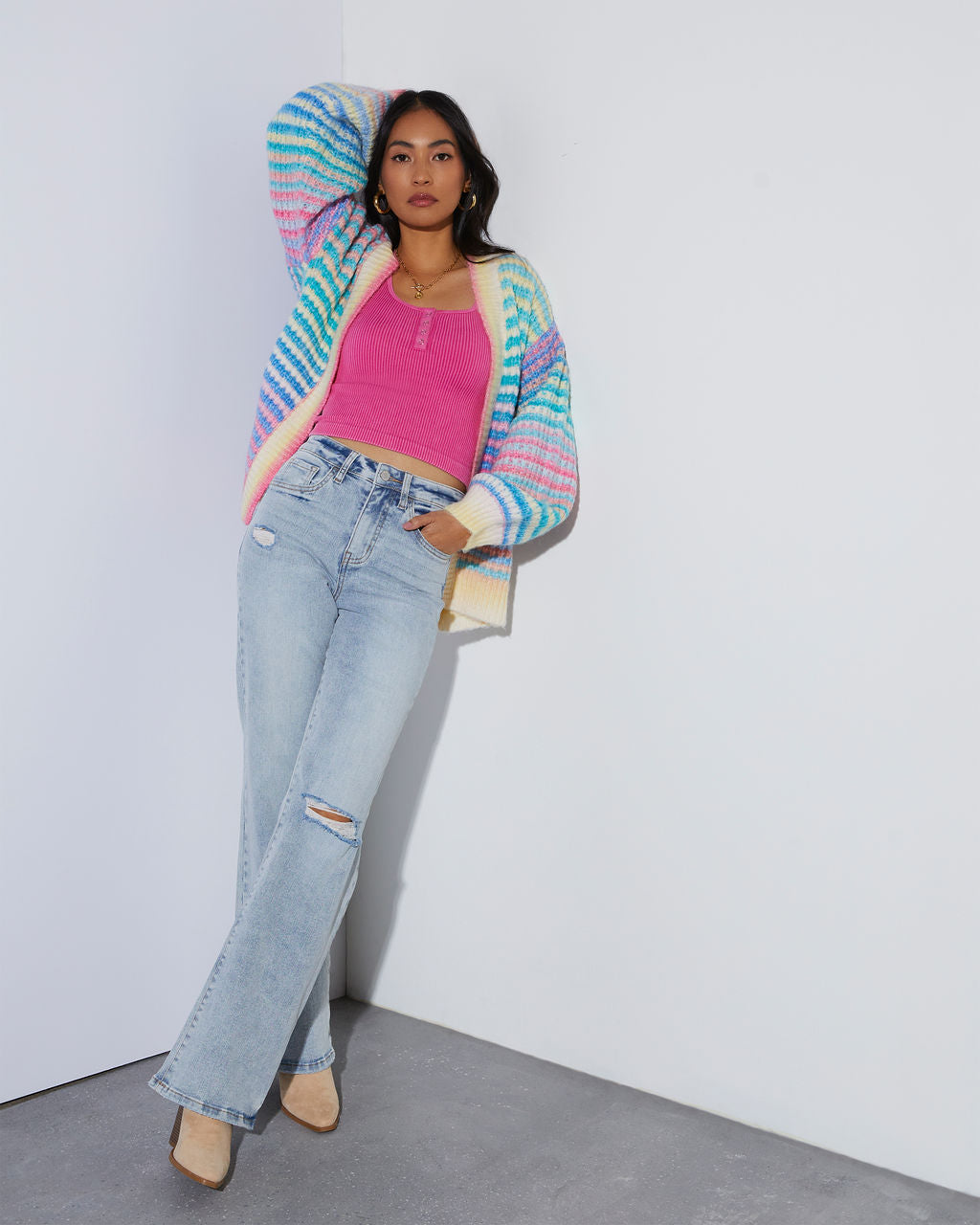 Gayle Knit Stripe Open Front Cardigan-Vogue Logic