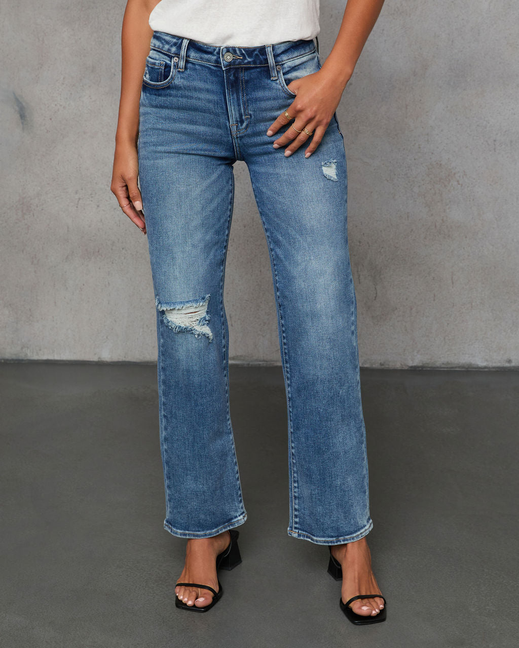 Ayda Distressed Mid Rise Straight Leg Jeans-Vogue Logic