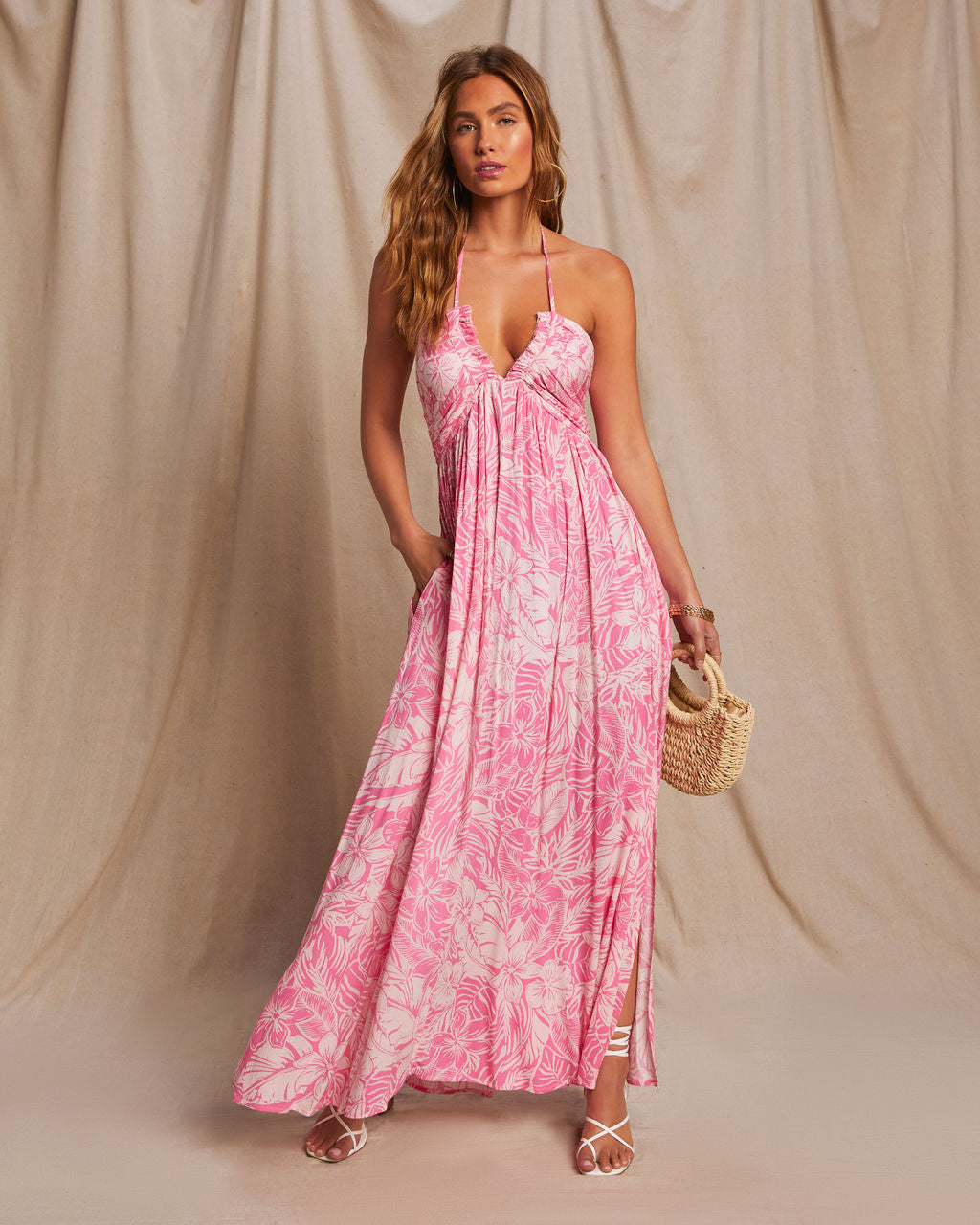 Honolulu Halter Tropical Print Maxi Dress-Vogue Logic