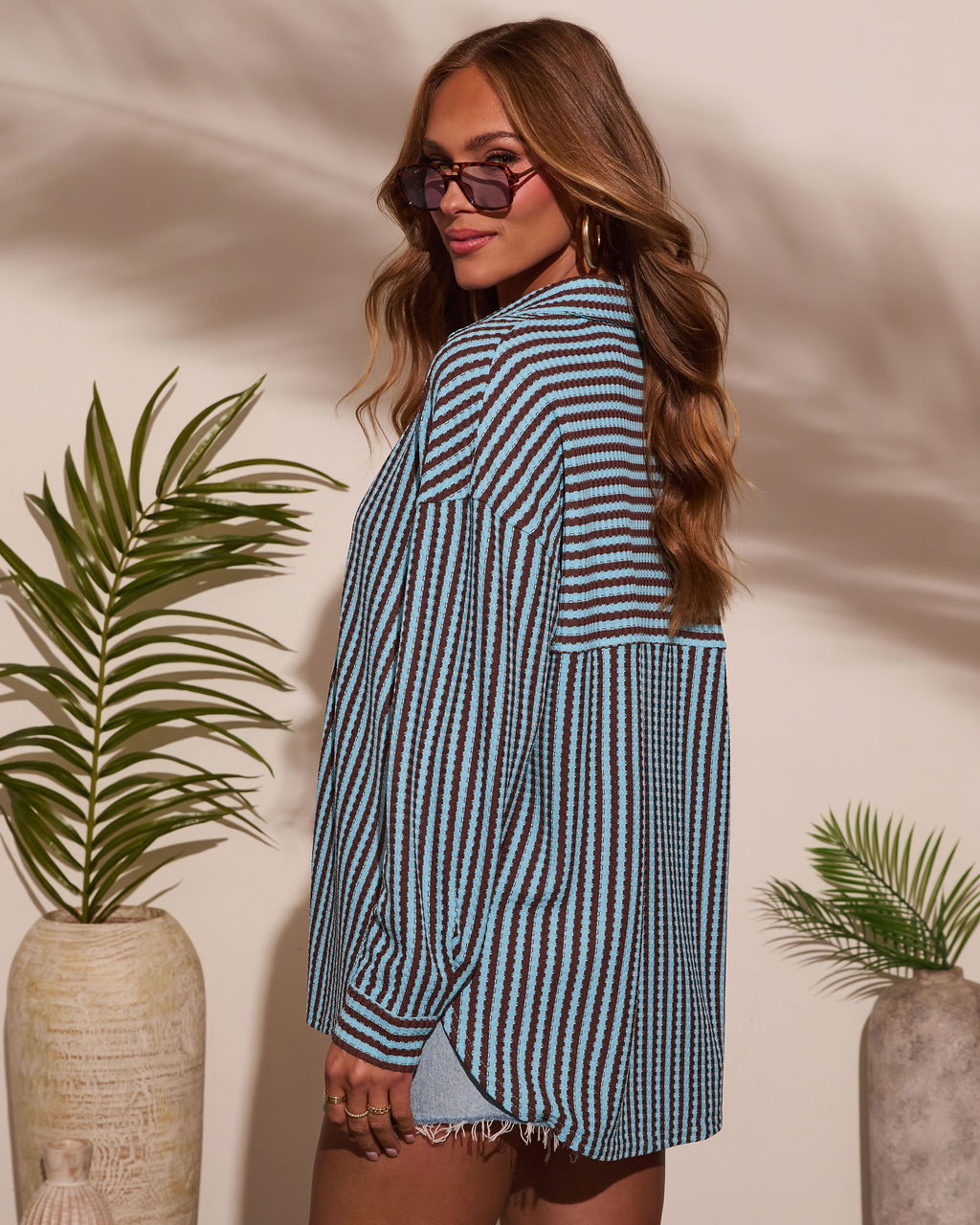 Deep End Contrast Stripe Button Down Top-Vogue Logic