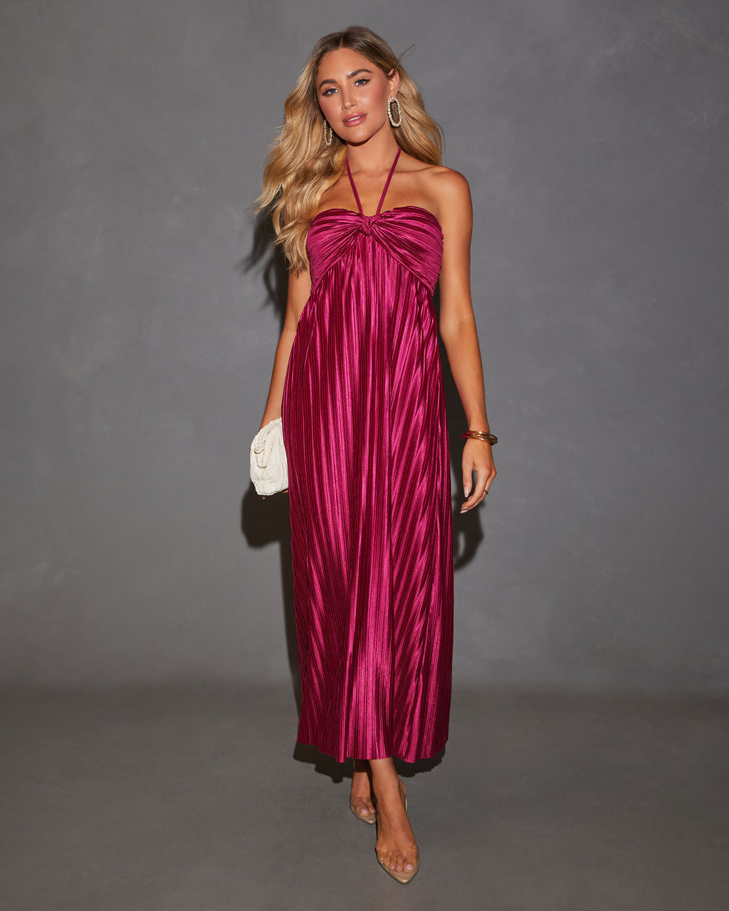 Raise A Toast Satin Plisse Halter Maxi Dress-Vogue Logic