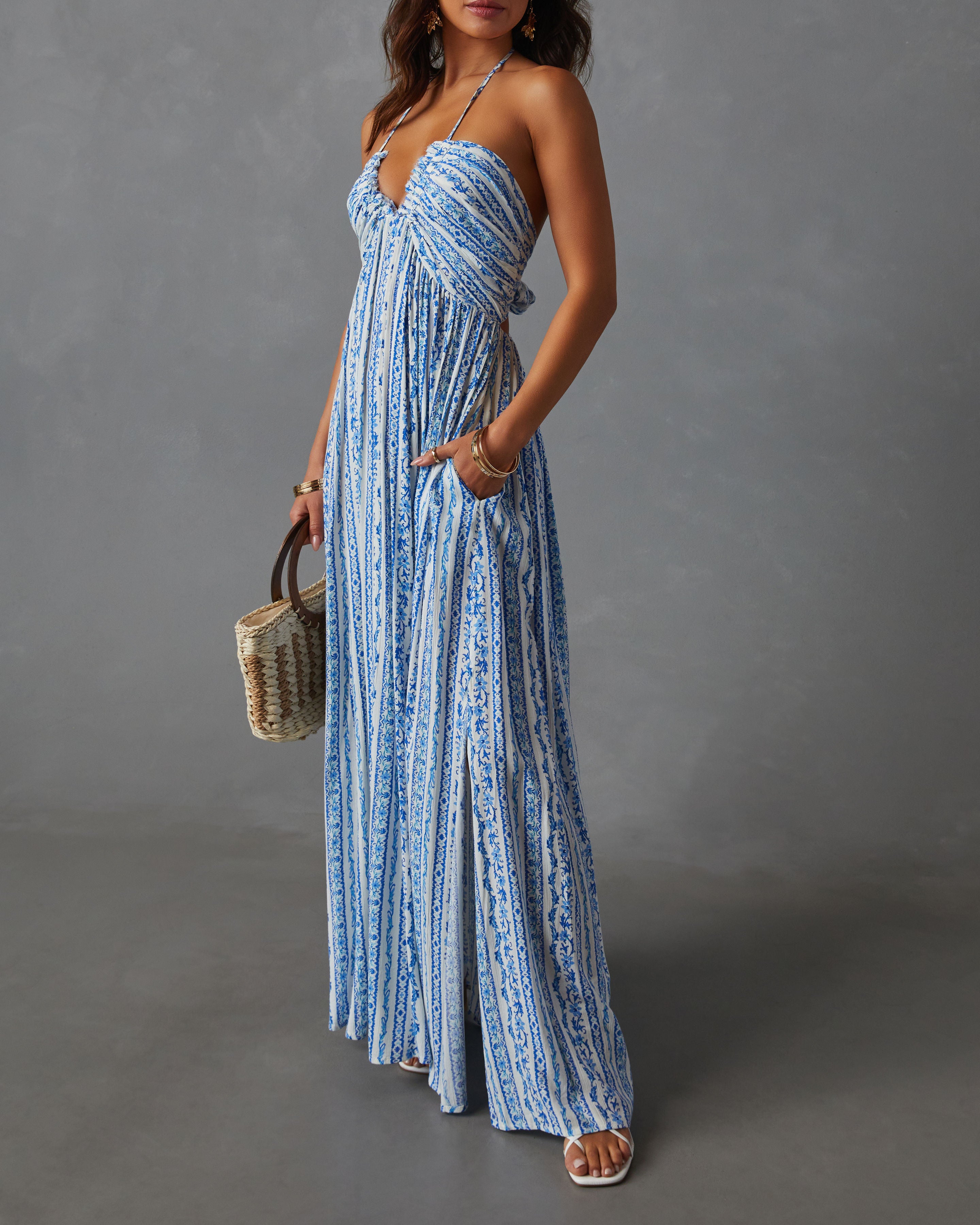 Azalea Pocketed Floral Empire Maxi Dress-Vogue Logic