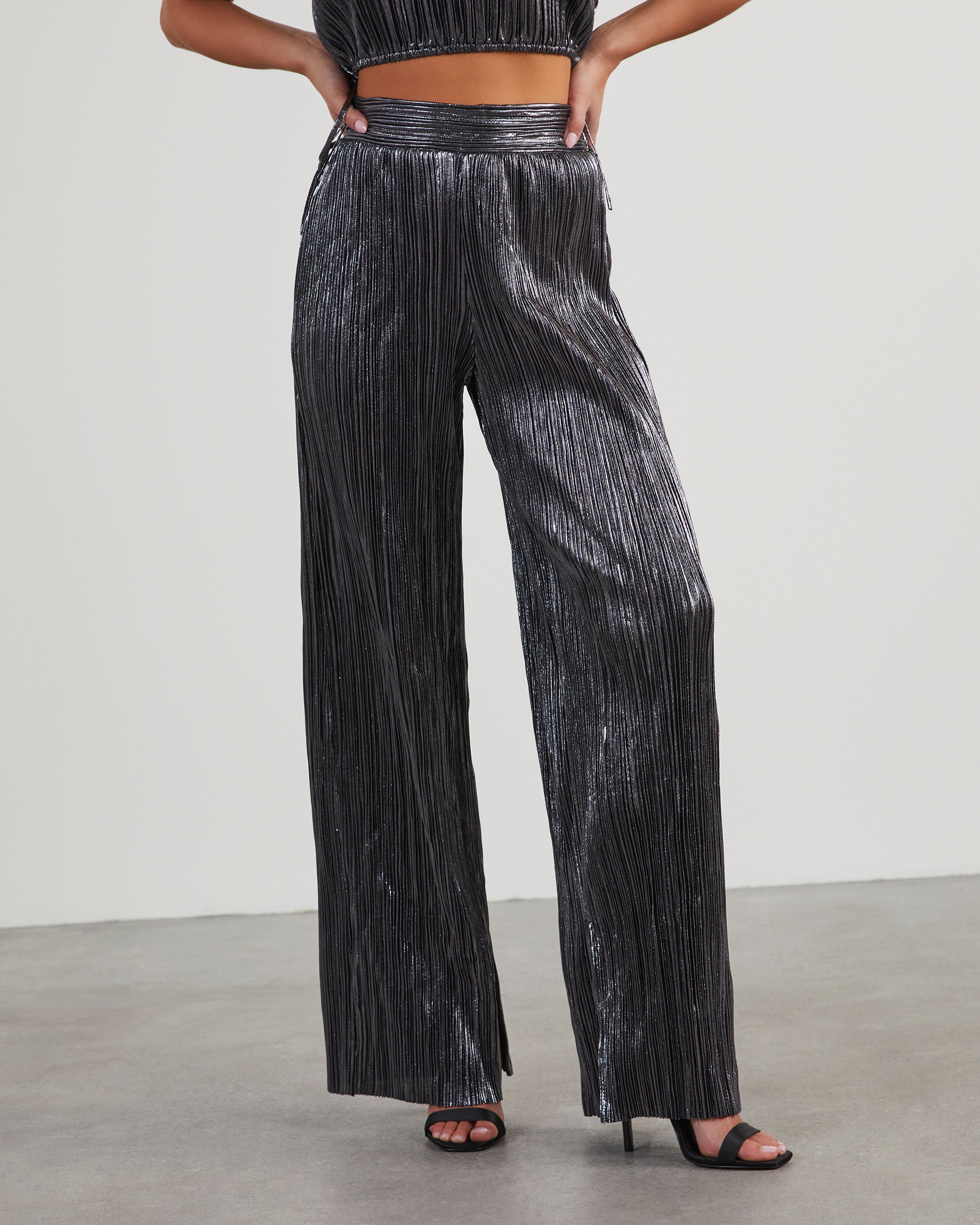 Sinclair Metallic Plisse Trouser Pants-Vogue Logic