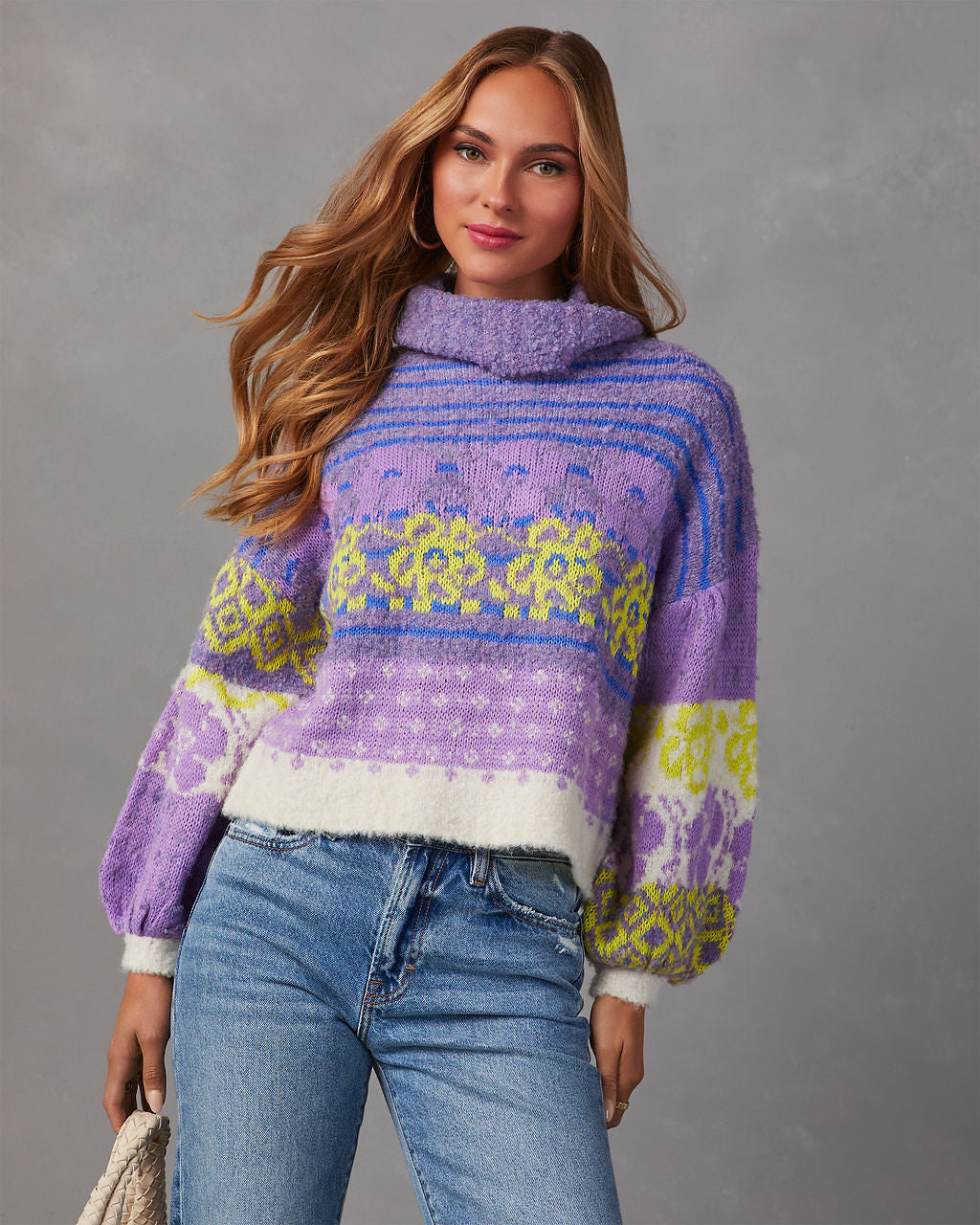 Monet Knit Printed Turtleneck Pullover Sweater-Vogue Logic