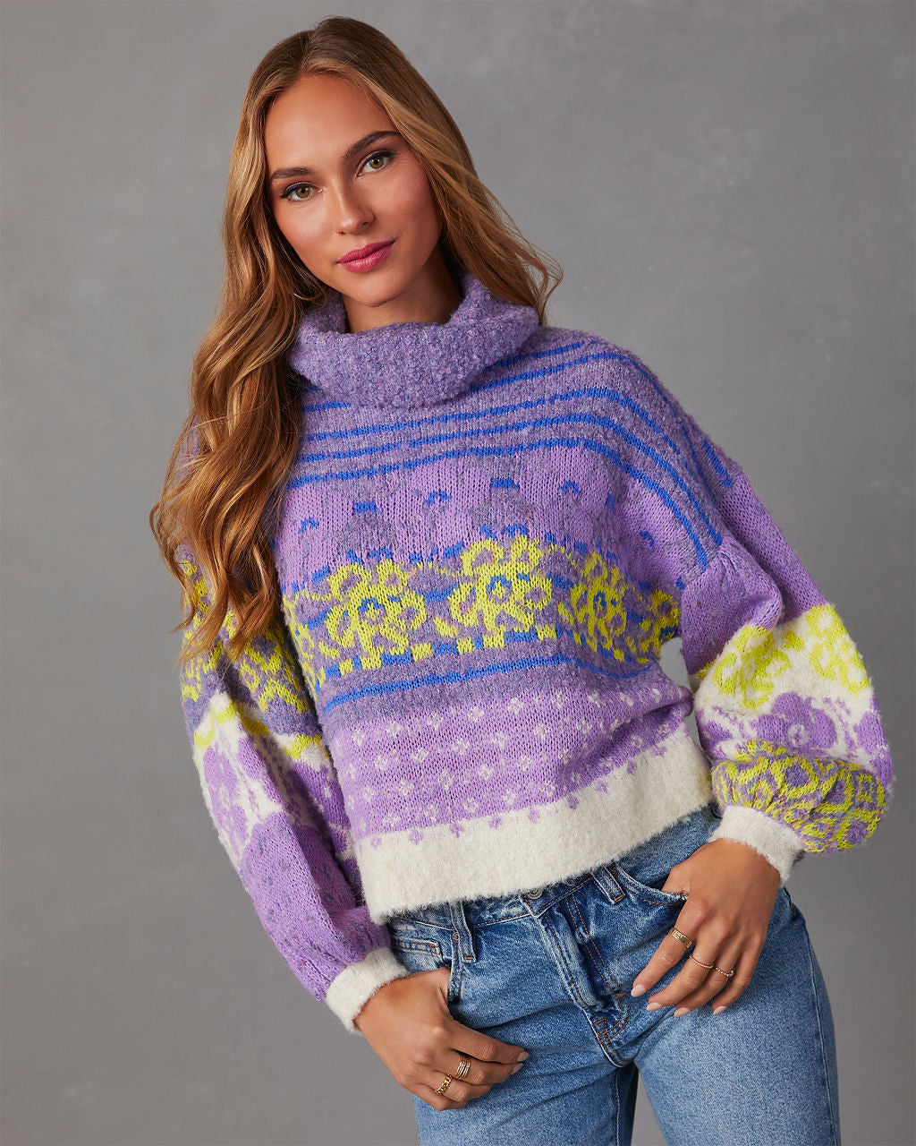 Monet Knit Printed Turtleneck Pullover Sweater-Vogue Logic
