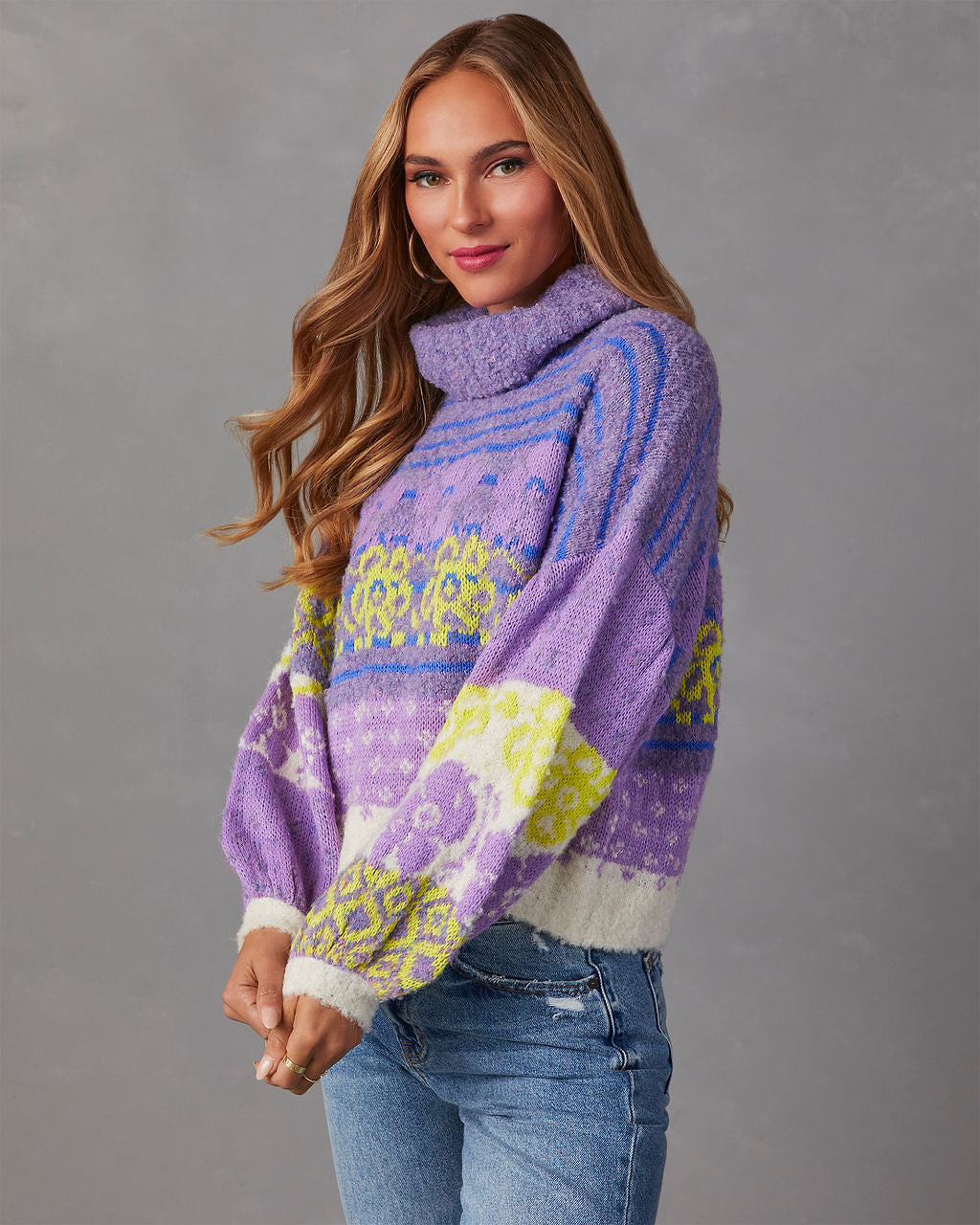 Monet Knit Printed Turtleneck Pullover Sweater-Vogue Logic