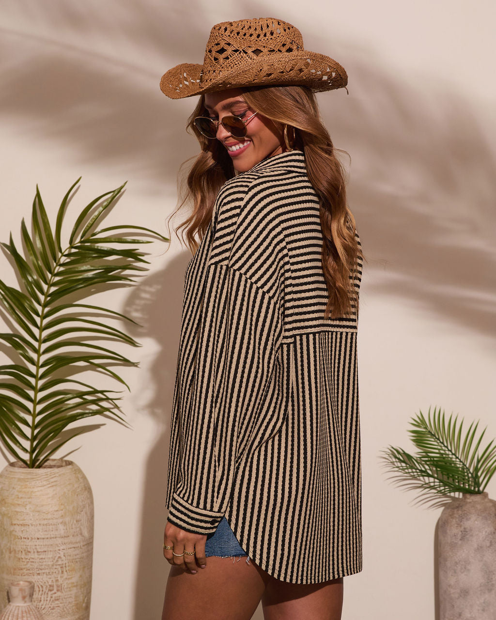 Deep End Contrast Stripe Button Down Top-Vogue Logic