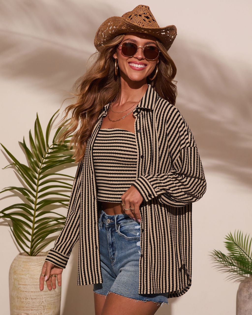 Deep End Contrast Stripe Button Down Top-Vogue Logic