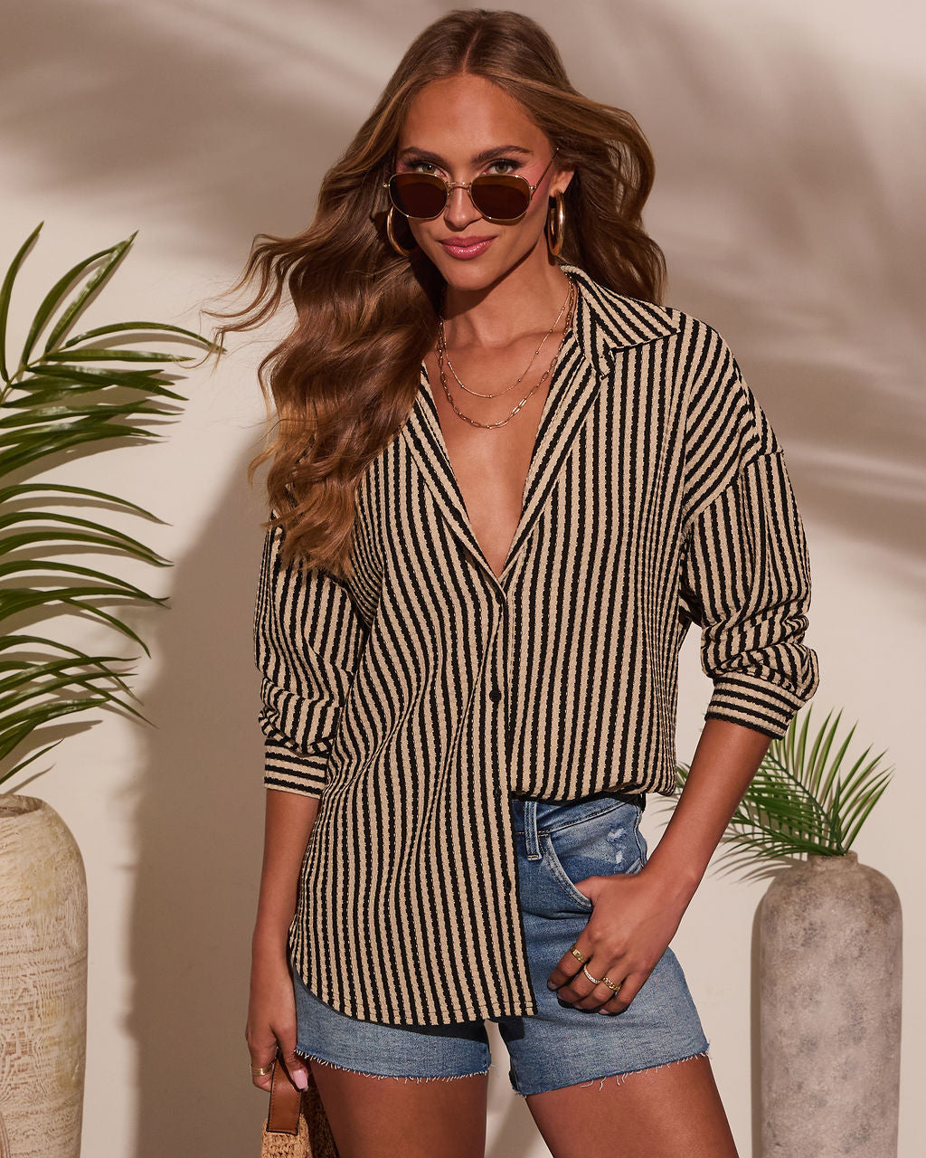 Deep End Contrast Stripe Button Down Top-Vogue Logic