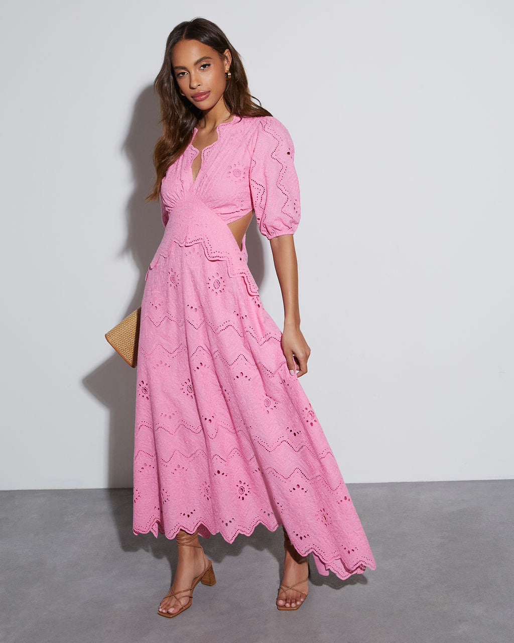 Anisa Eyelet Puff Sleeve Cutout Maxi Dress-Vogue Logic