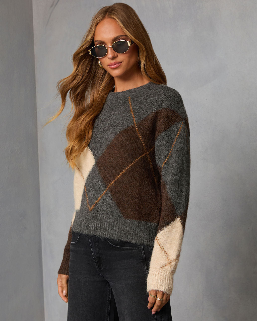 Smoky Cedar Contrast Argyle Print Crew Neck Sweater-Vogue Logic