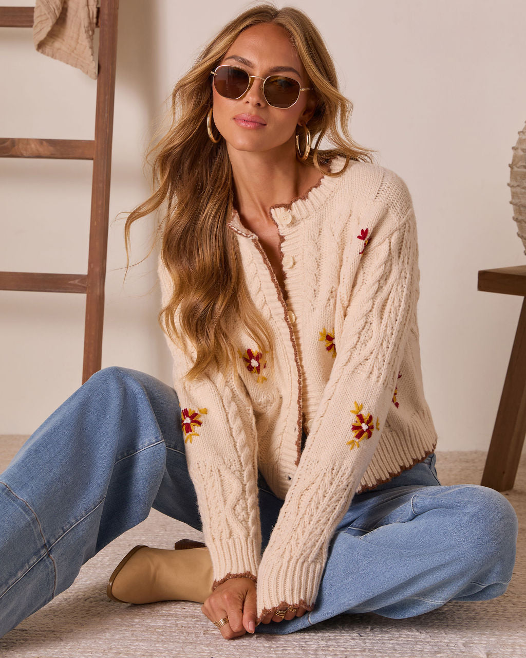 Brienna Embroidered Knit Crew Neck Cardigan-Vogue Logic