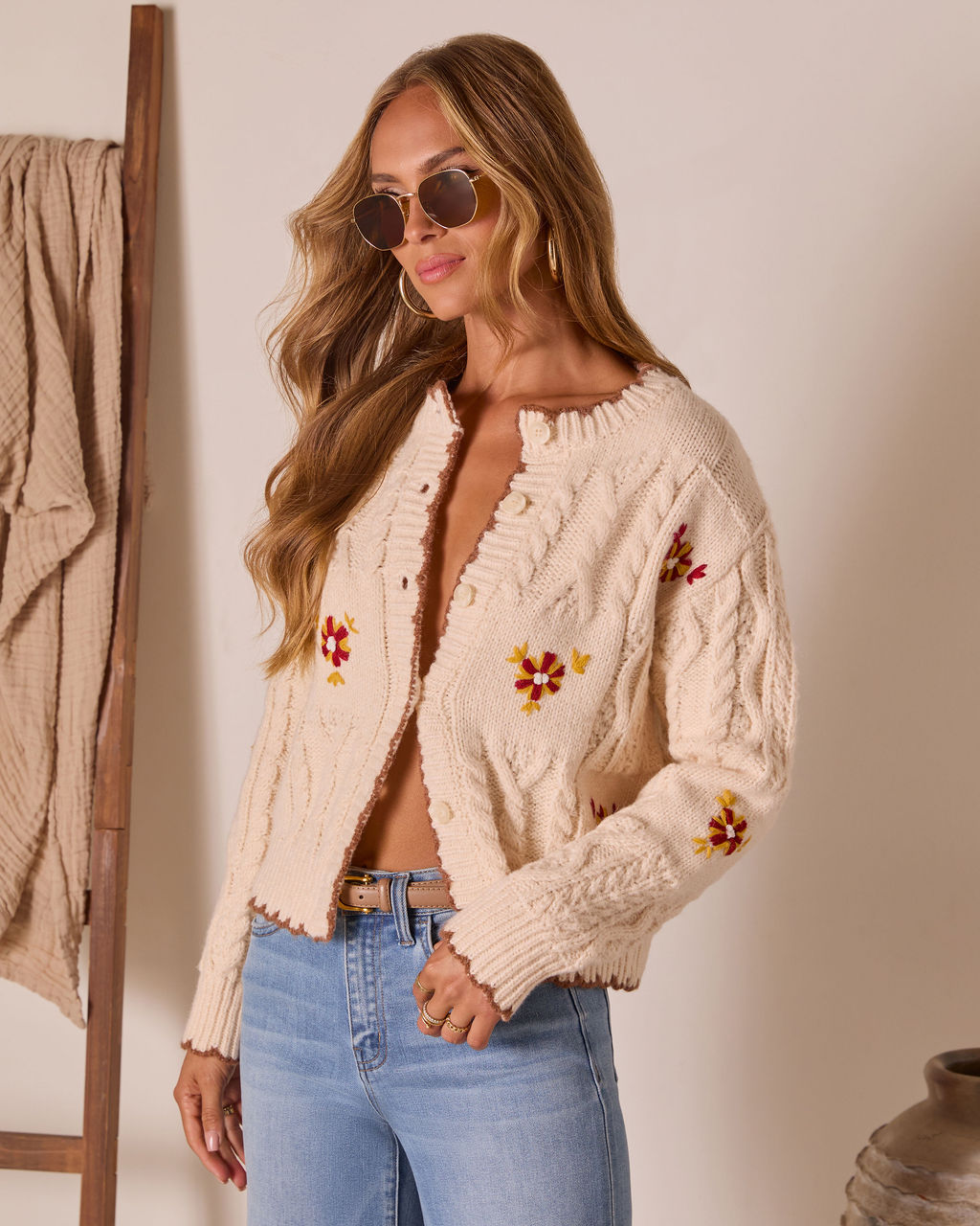 Brienna Embroidered Knit Crew Neck Cardigan-Vogue Logic