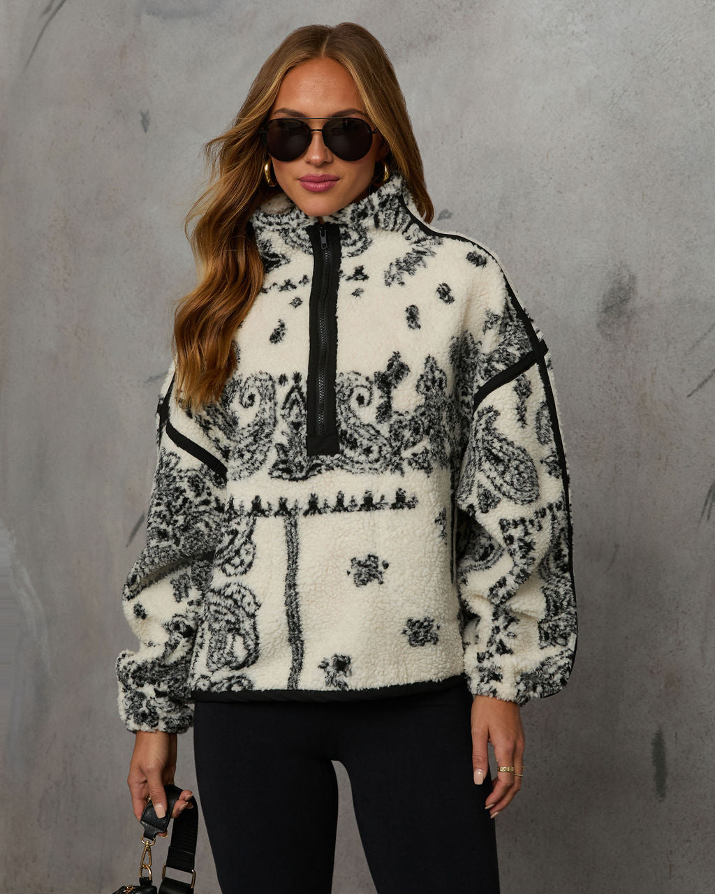 Brianna Sherpa Paisley Quarter Zip Sweatshirt-Vogue Logic