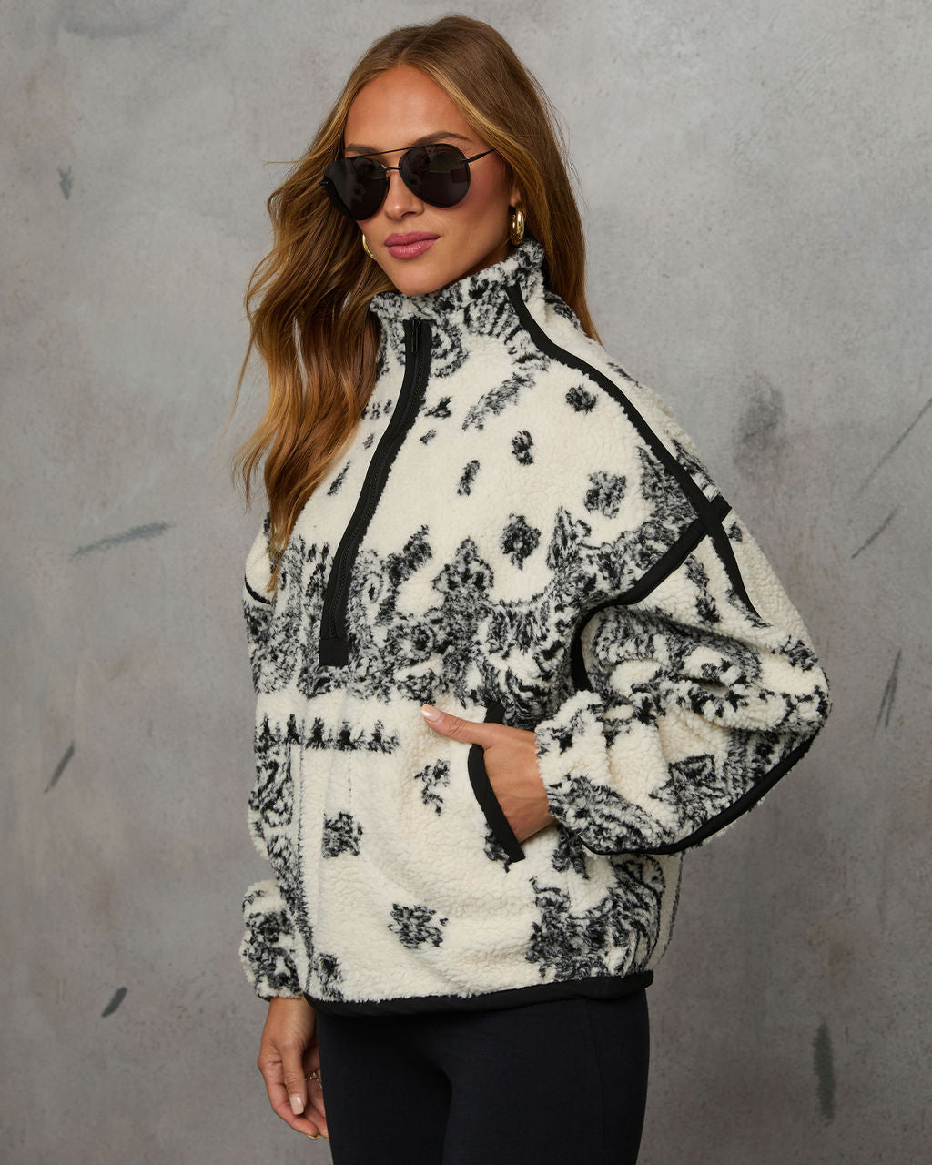 Brianna Sherpa Paisley Quarter Zip Sweatshirt-Vogue Logic