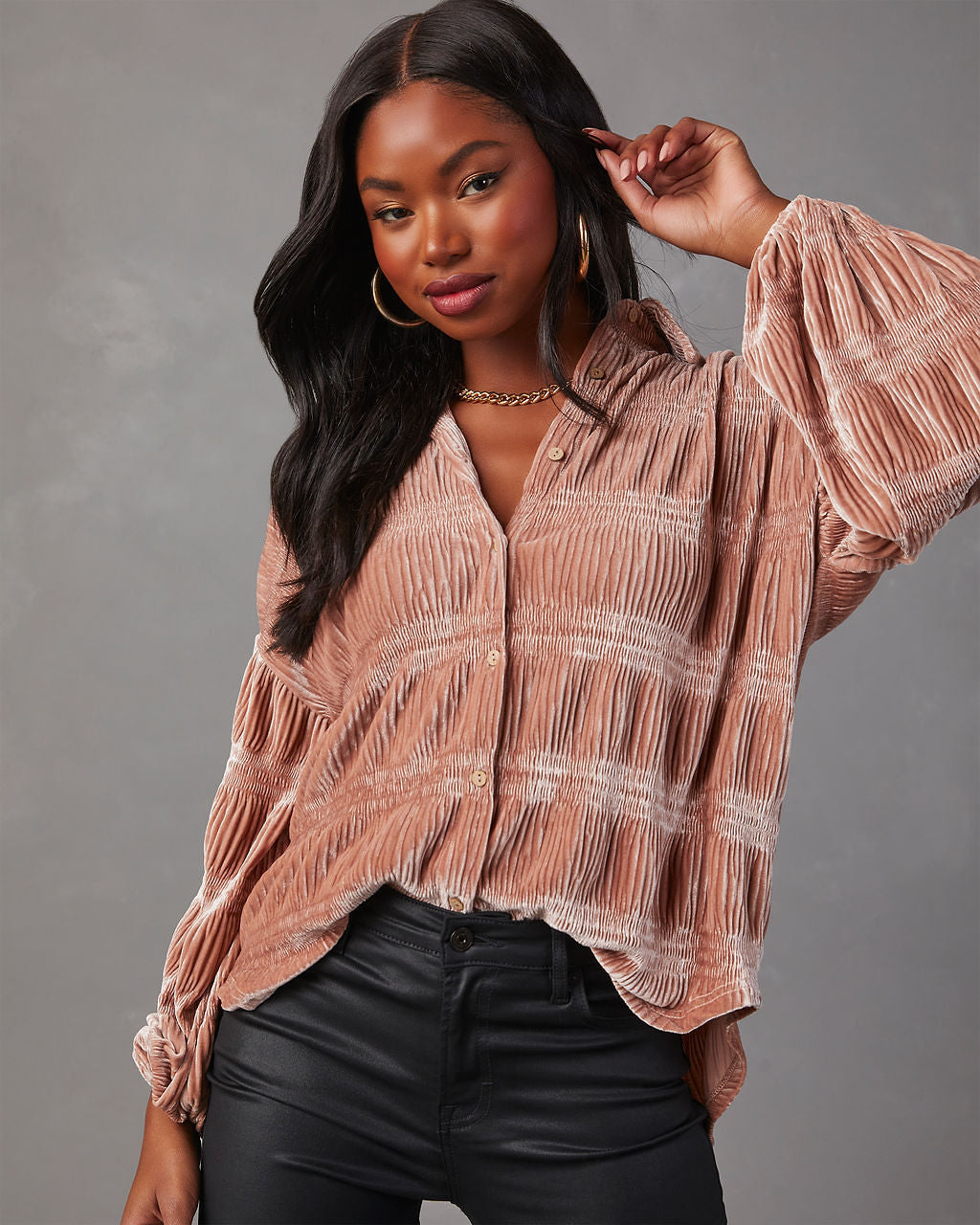 Bette Textured Velvet Button Down Top-Vogue Logic
