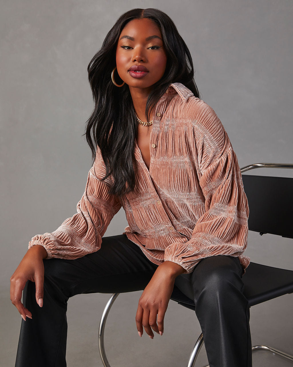 Bette Textured Velvet Button Down Top-Vogue Logic