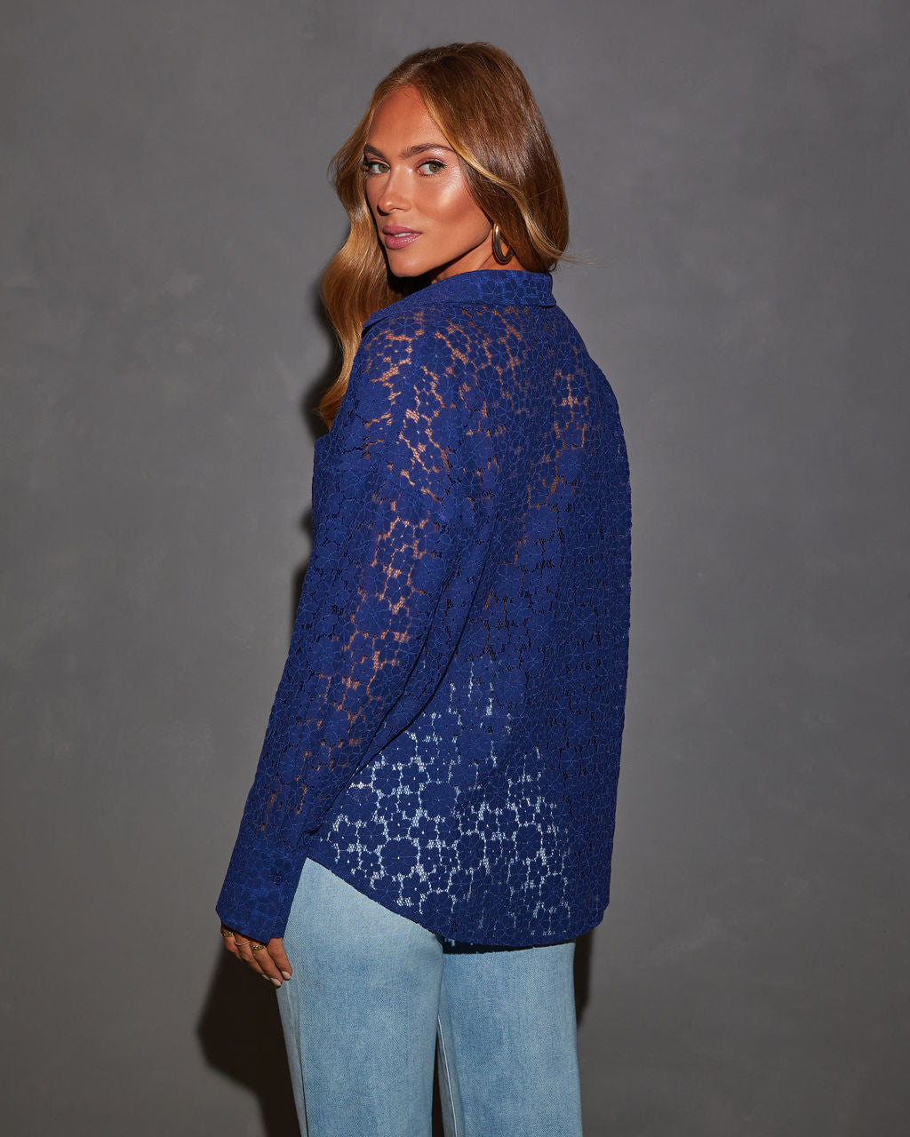 Gwen Floral Lace Button Down Shirt-Vogue Logic