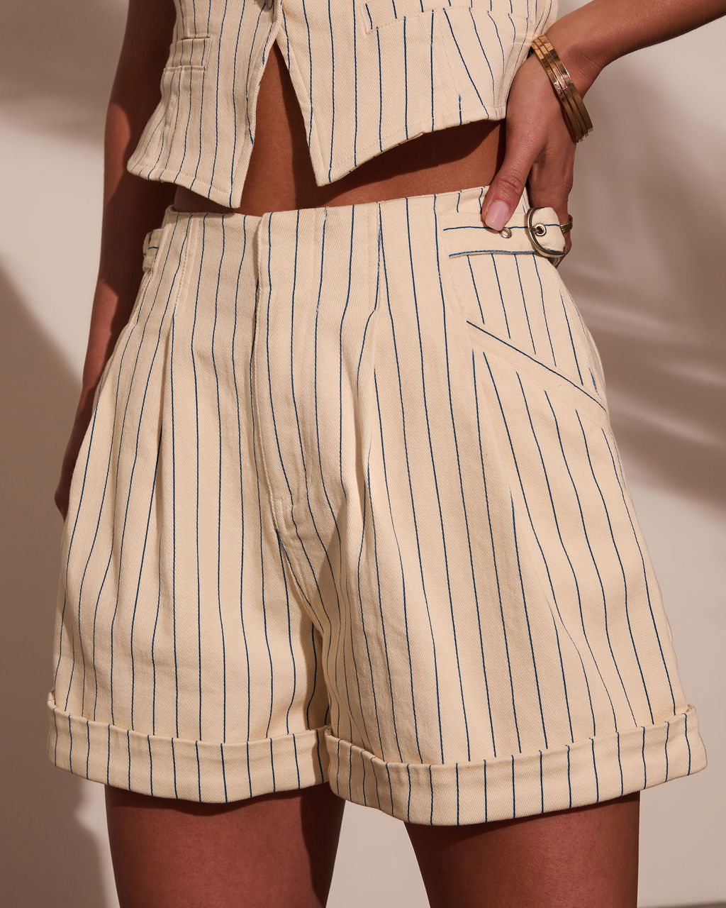 Sailen Belted Pinstripe Shorts-Vogue Logic