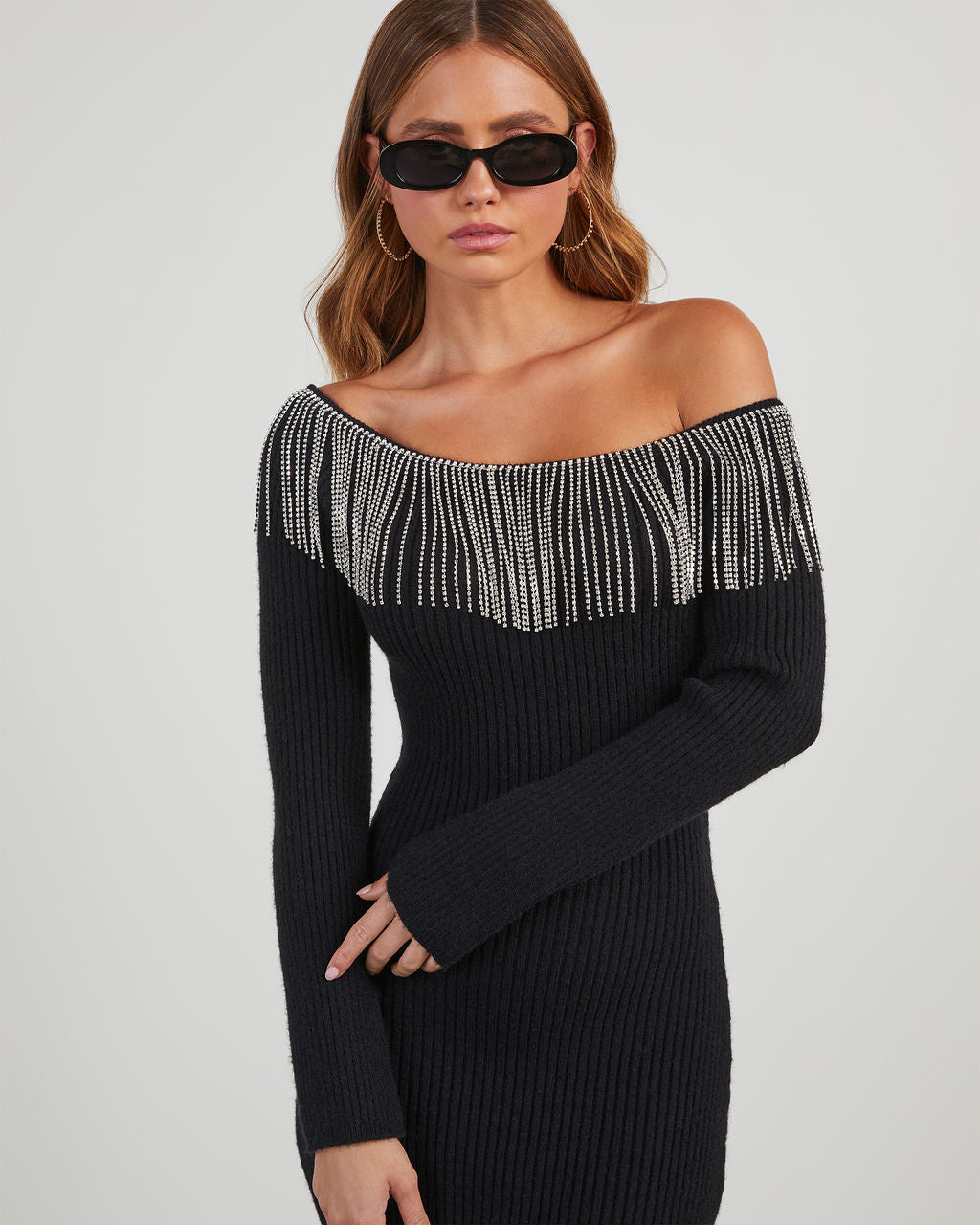 Dante Off The Shoulder Rhinestone Fringe Midi Dress-Vogue Logic