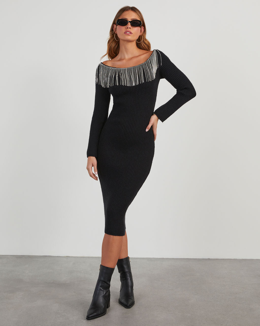Dante Off The Shoulder Rhinestone Fringe Midi Dress-Vogue Logic