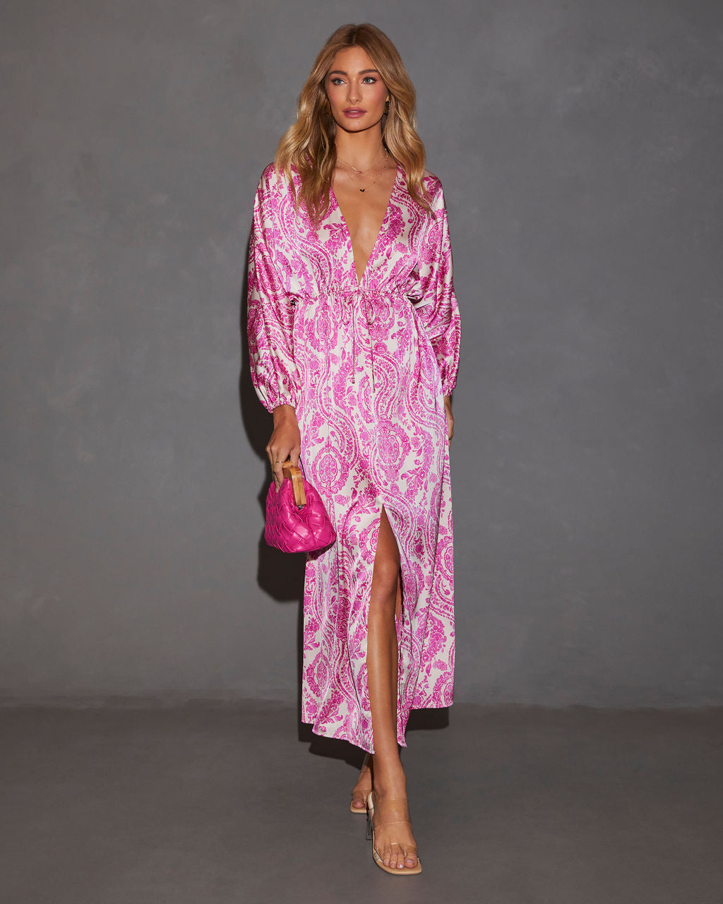 Korina Satin Printed Kimono Empire Waist Maxi Dress-Vogue Logic