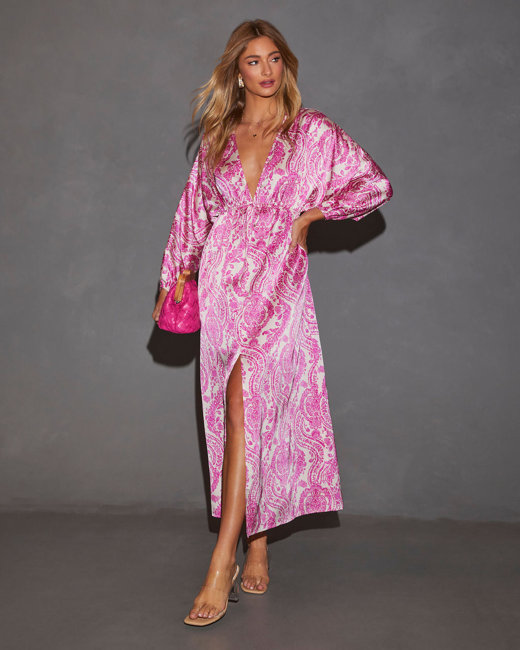 Korina Satin Printed Kimono Empire Waist Maxi Dress-Vogue Logic