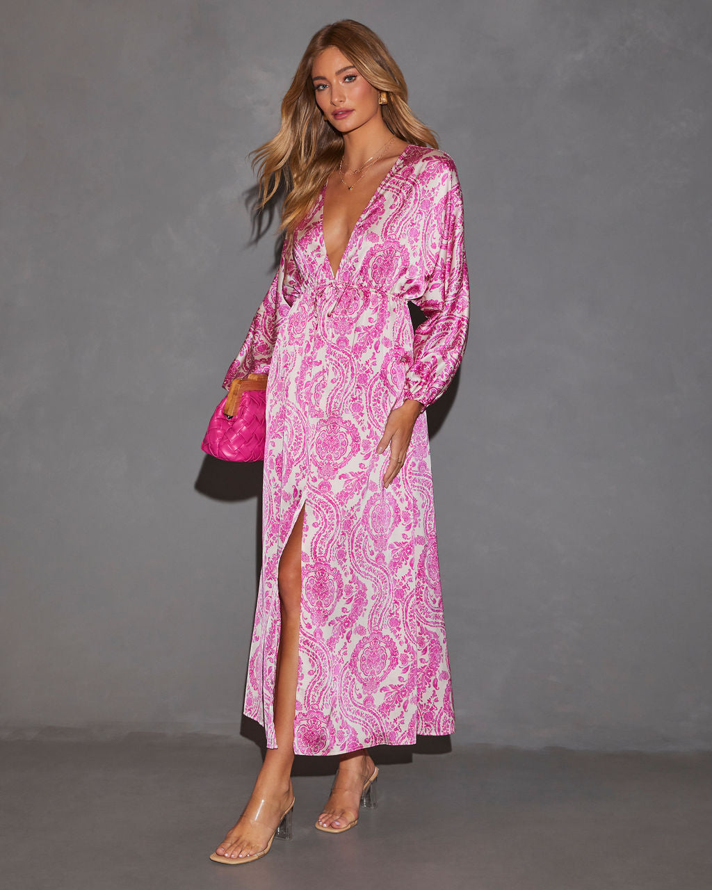 Korina Satin Printed Kimono Empire Waist Maxi Dress-Vogue Logic