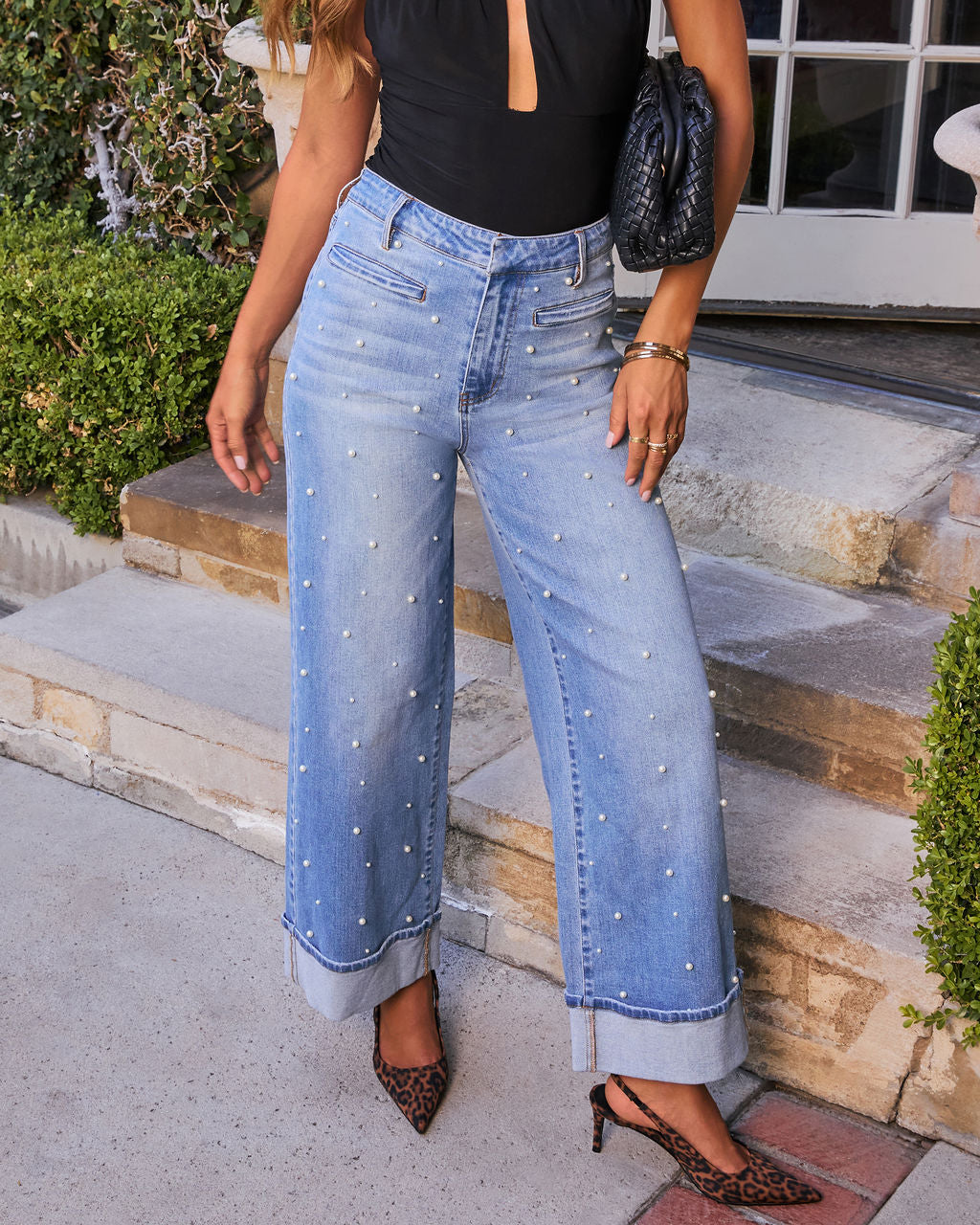 Gemstone Blues Stretch Pearl Embellished Jeans-Vogue Logic