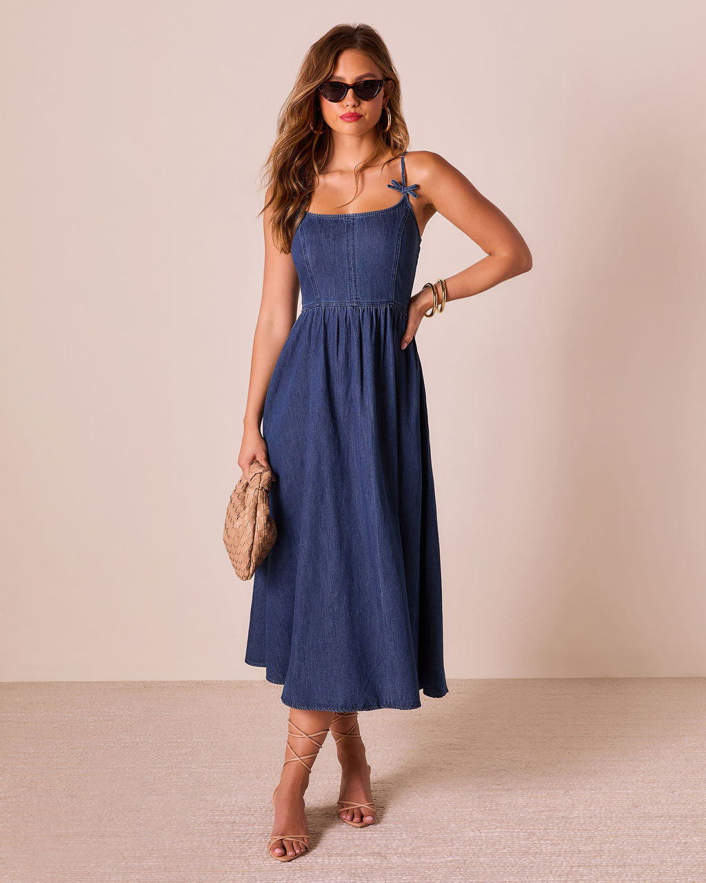 Tide To Me Bow Strap Midi Chambray Dress-Vogue Logic