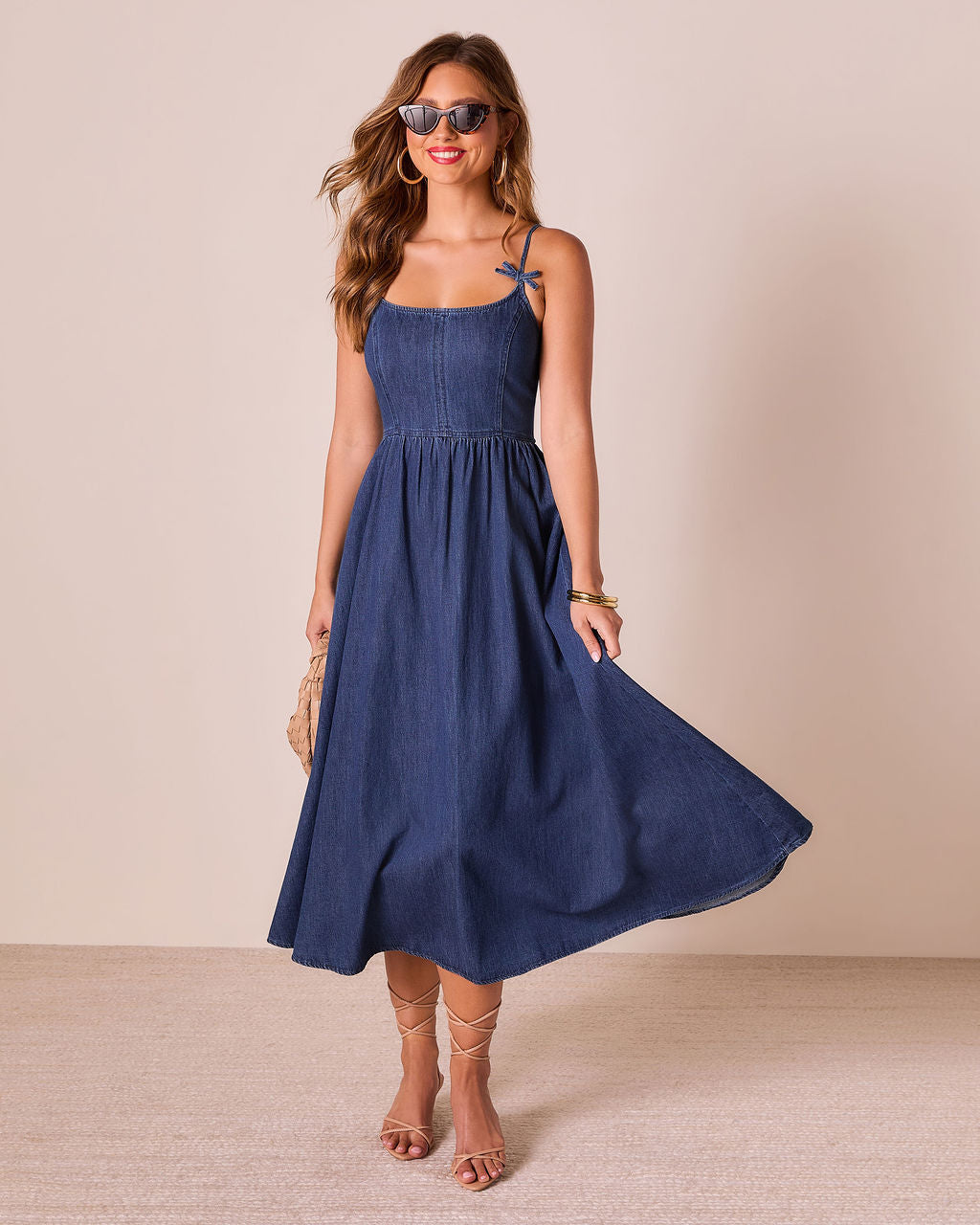 Tide To Me Bow Strap Midi Chambray Dress-Vogue Logic
