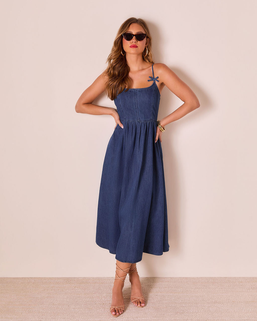 Tide To Me Bow Strap Midi Chambray Dress-Vogue Logic